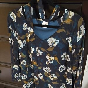 CAbi Navy Floral V-Neck Long Sleeve Top with Blue and Olive Accents